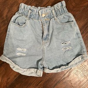 Aaron & Amber High Waisted Cinched Detail Jean Shorts